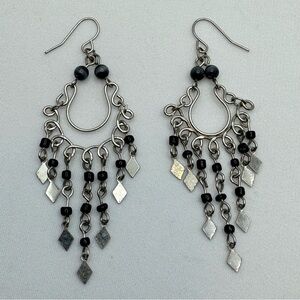 Black Cat Eye Bead Chandelier Earrings Silver Tone Boho Dangle Statement